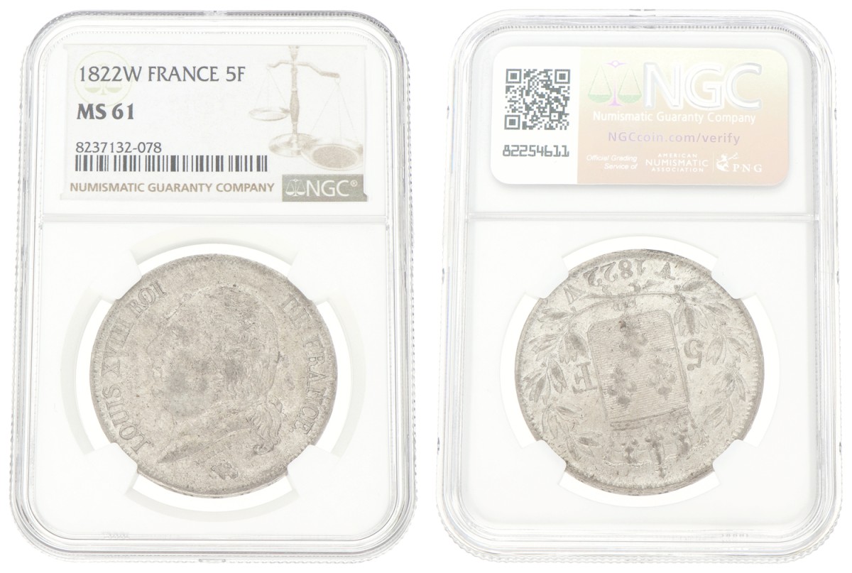 Goudwisselkantoor auction: France. Louis XVIII. 5 Francs. 1822W. NGC graded. MS 61