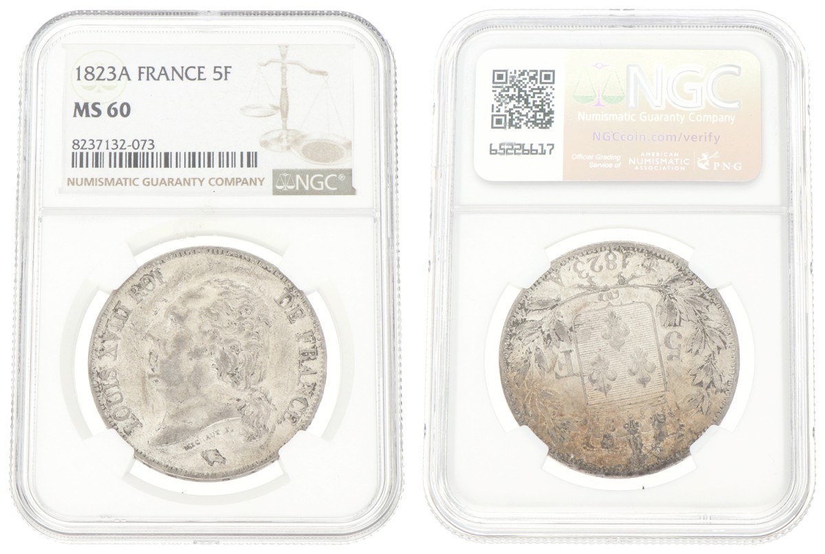 Goudwisselkantoor auction: France. Louis XVIII. 5 Francs. 1823 A. NGC graded. MS 60