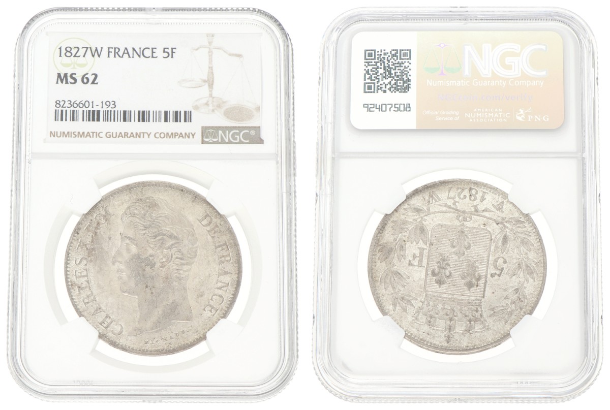 Goudwisselkantoor auction: France. Charles X. 5 Francs. 1827. NGC graded. MS 62