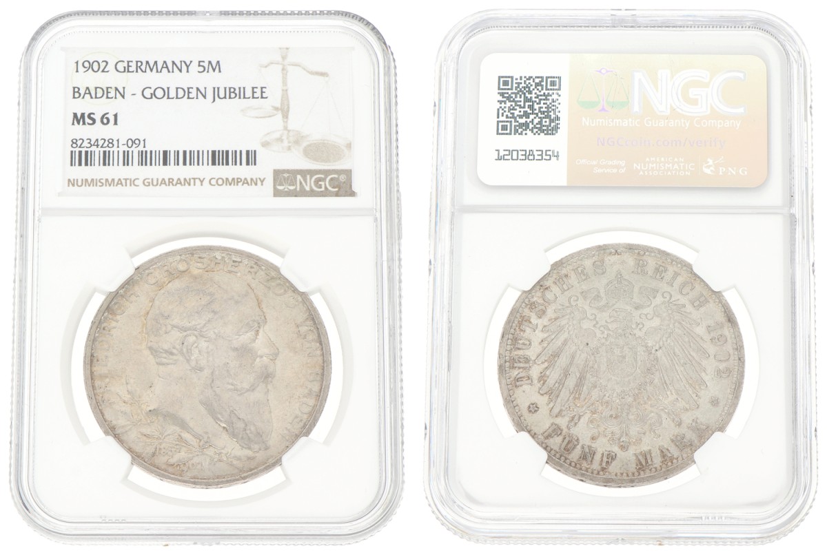 Goudwisselkantoor auction: German states. Baden. Friedrich I. 5 Mark. 1902. NGC graded. MS 61