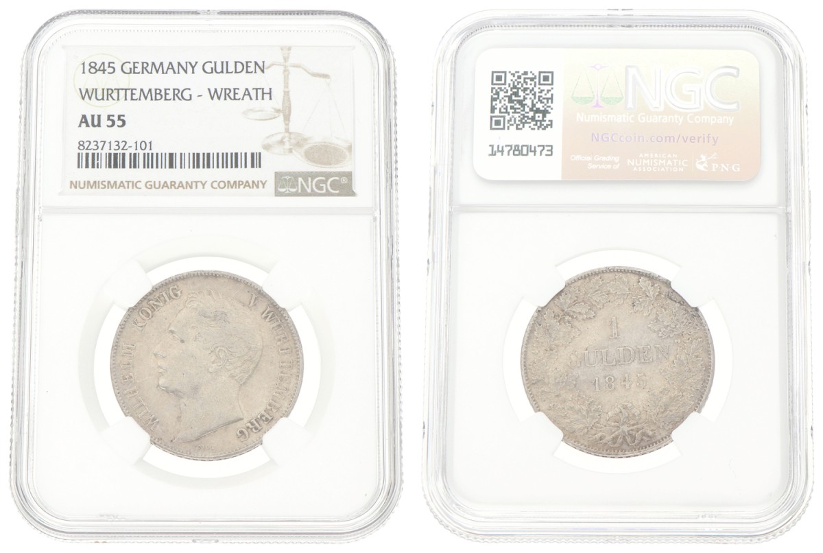Goudwisselkantoor auction: German states. Württemberg. Wilhelm I. 1 Gulden. 1845. NGC graded. AU 55