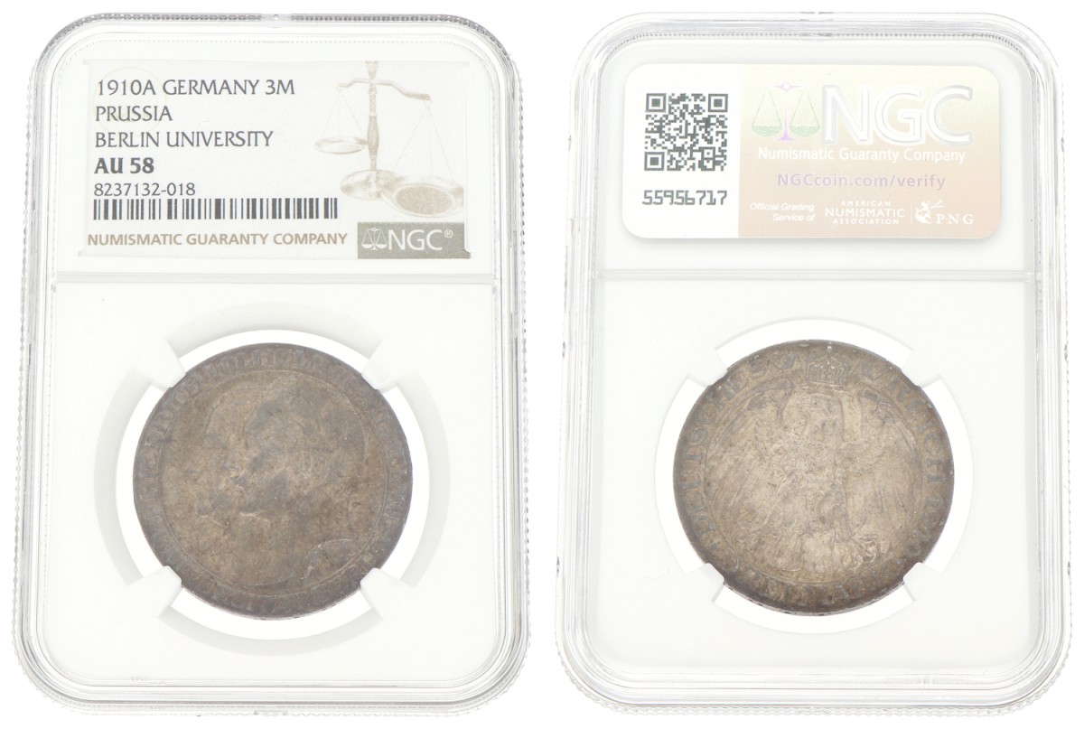 Goudwisselkantoor auction: German states. Prussia. Wilhelm II. 3 Mark - Berlin university. 1910. NGC graded. AU 58