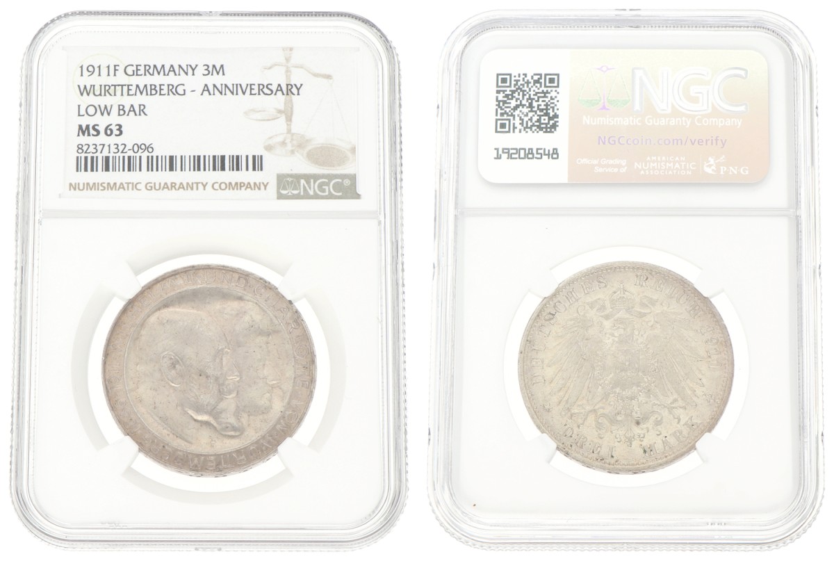 Goudwisselkantoor auction: German states. Württemberg. Wilhem II. 3 Mark. 1911 F - Low Bar. NGC graded. MS 63
