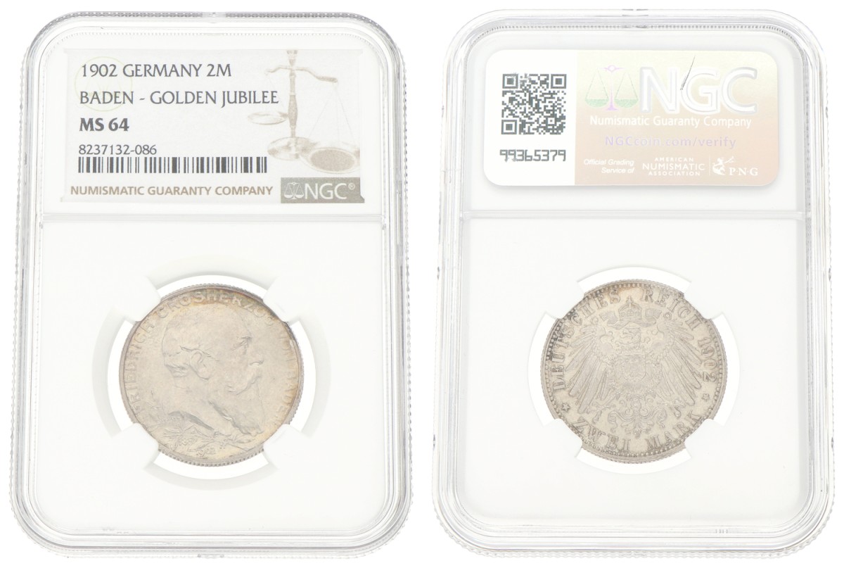 Goudwisselkantoor auction: German states. Baden. Friedrich I. 2 Mark - Golden jubilee. 1902. NGC graded. MS 64