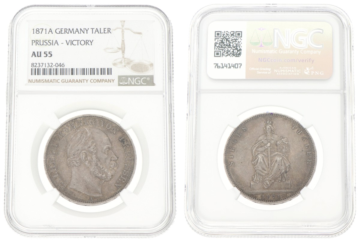 Goudwisselkantoor auction: German states. Prussia. Wilhelm. 1 Thaler. 1871. NGC graded. AU 55