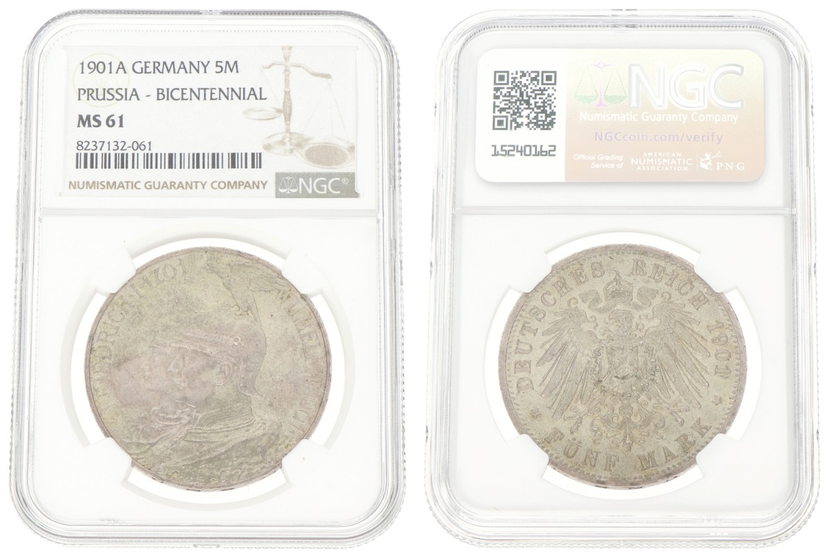 Goudwisselkantoor auction: German states. Prussia. Wilhelm II. 5 Mark - Bicentennial. 1901. NGC graded. MS 61