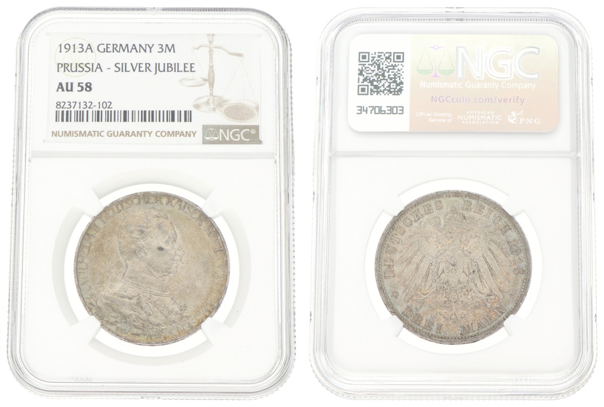 Goudwisselkantoor auction: German states. Prussia. Wilhelm II. 3 Mark - Silver jubilee. 1913 A. NGC graded. AU 58