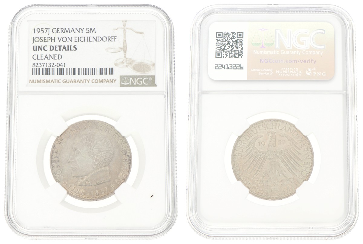 Goudwisselkantoor auction: Germany. 5 Mark Joseph Von Eichendorff. 1957 J. NGC graded. UNC details