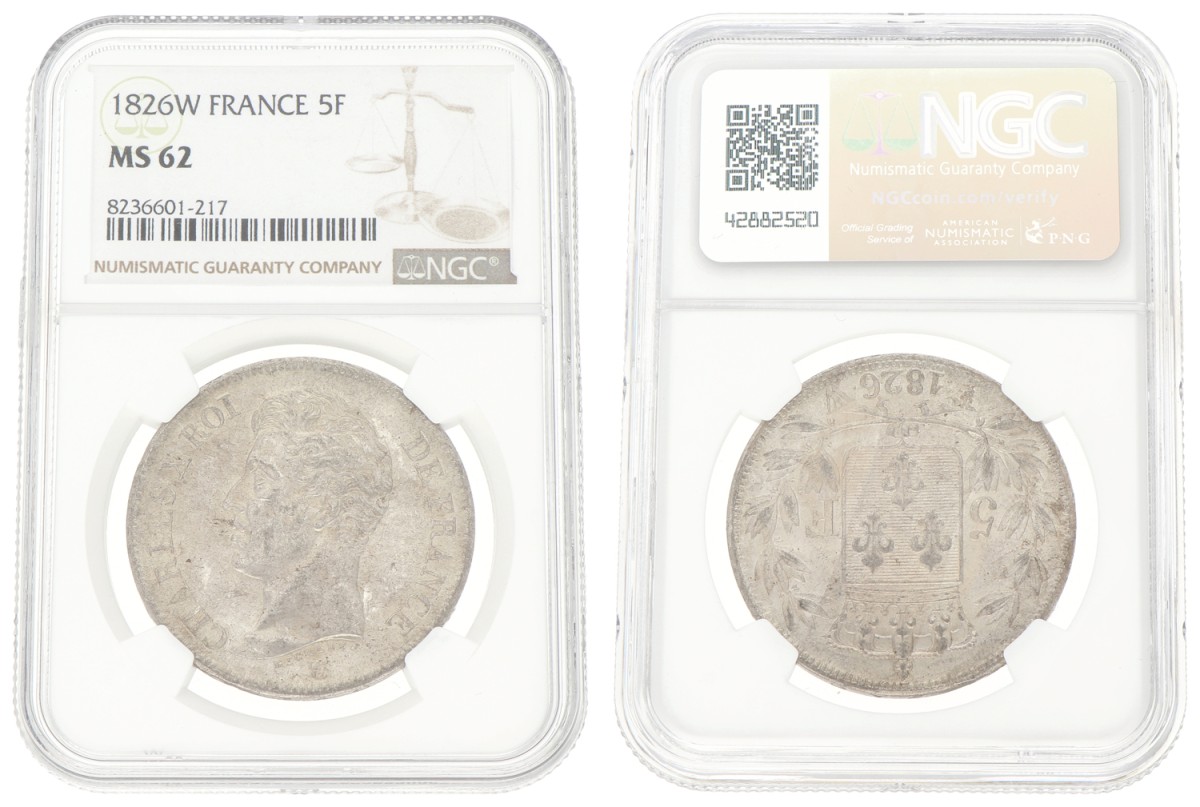 Goudwisselkantoor auction: France. Charles X. 5 Francs. 1826. NGC graded. MS 62