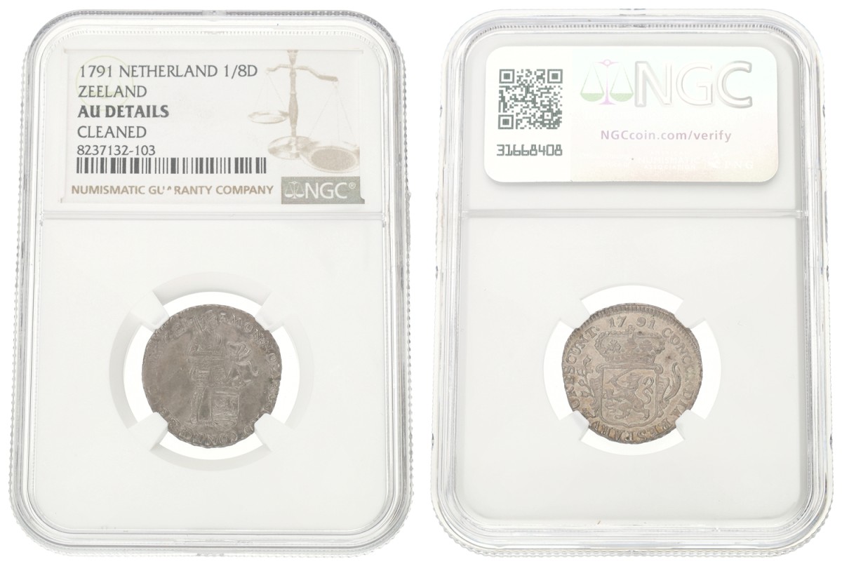 Goudwisselkantoor auction: Achtste zilveren dukaat of 'Pietje'. Zeeland. 1791. NGC graded. AU details