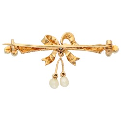 18K geelgouden antieke broche bezet met zaadparels en diamant
