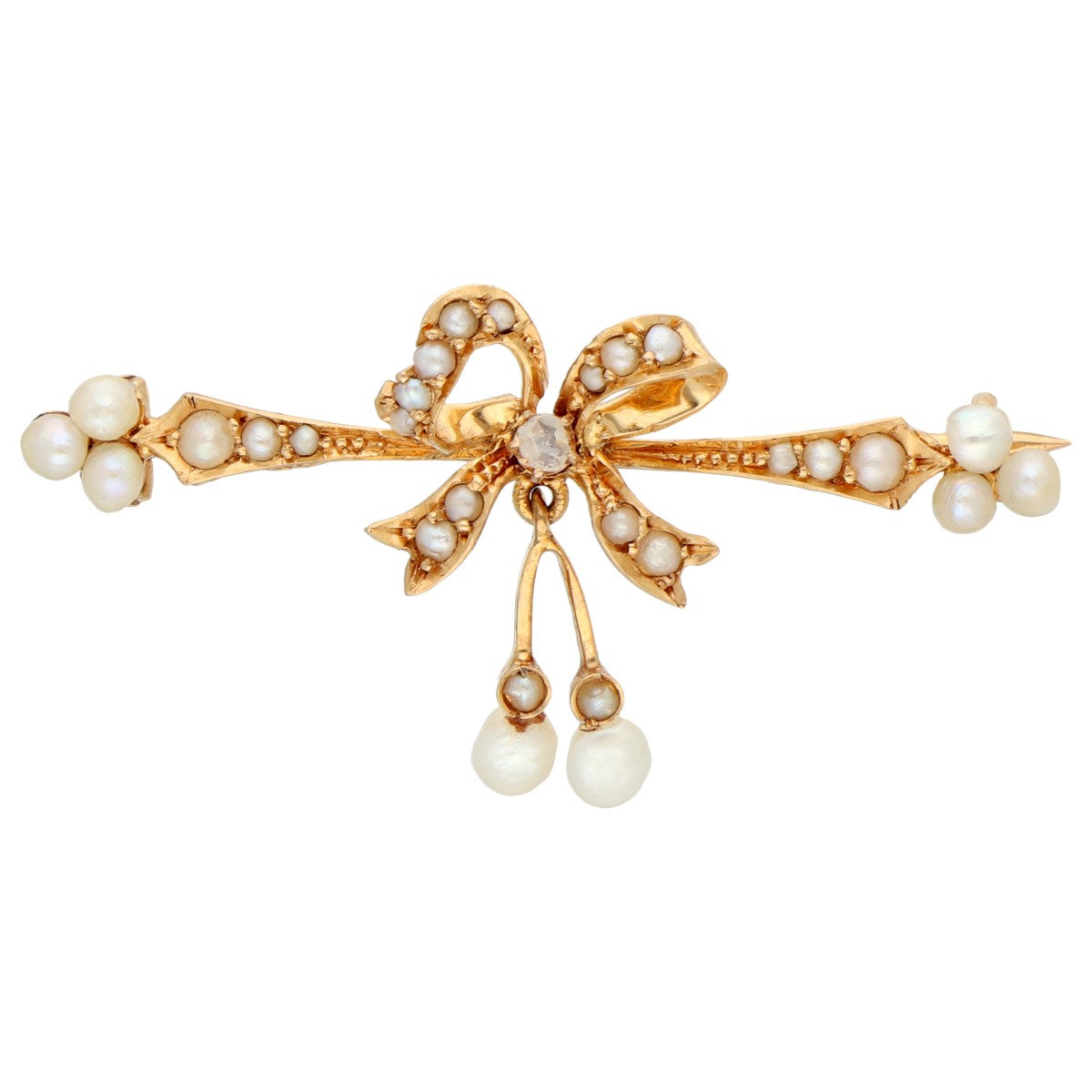18K geelgouden antieke broche bezet met zaadparels en diamant