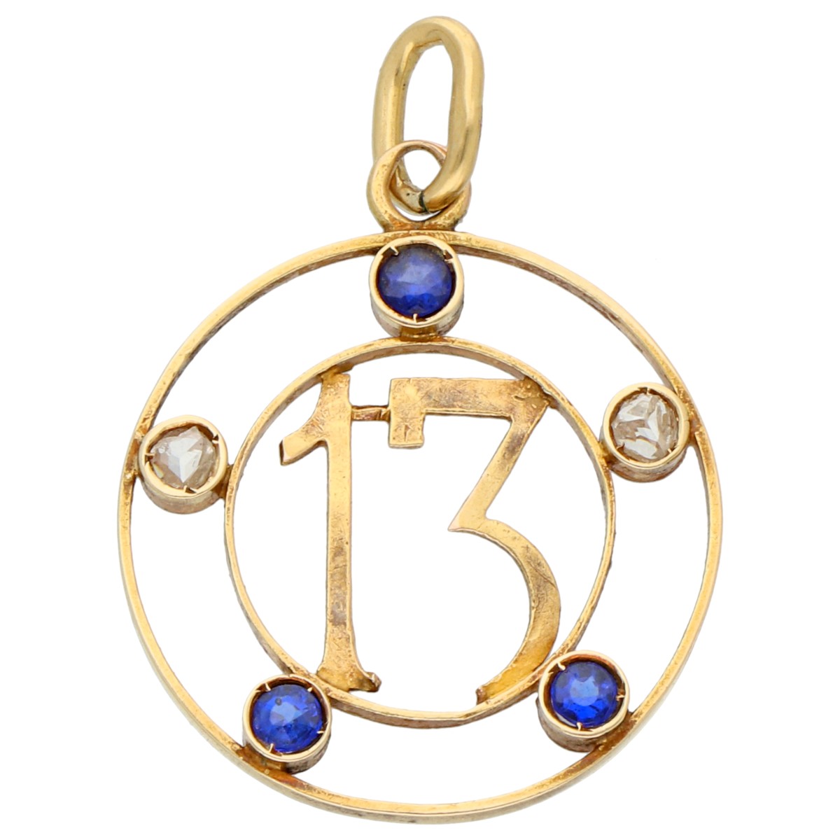 18K geelgouden Lucky number 13 hanger bezet met diamant en simili