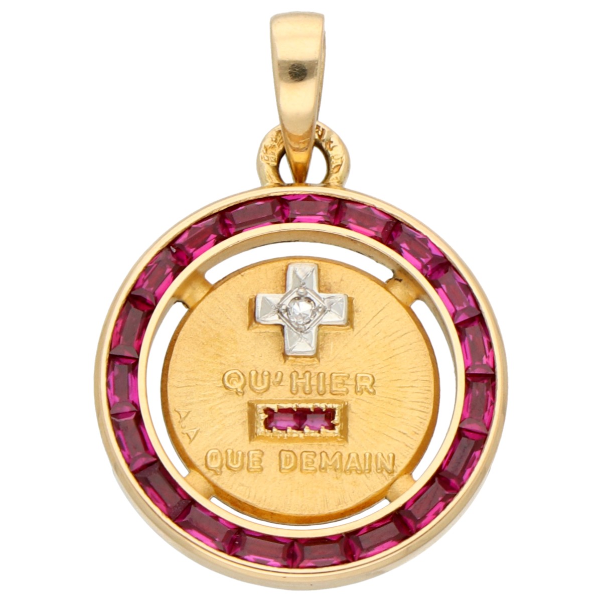 18K geelgouden qu’hier que demain hanger bezet met robijnen en diamant