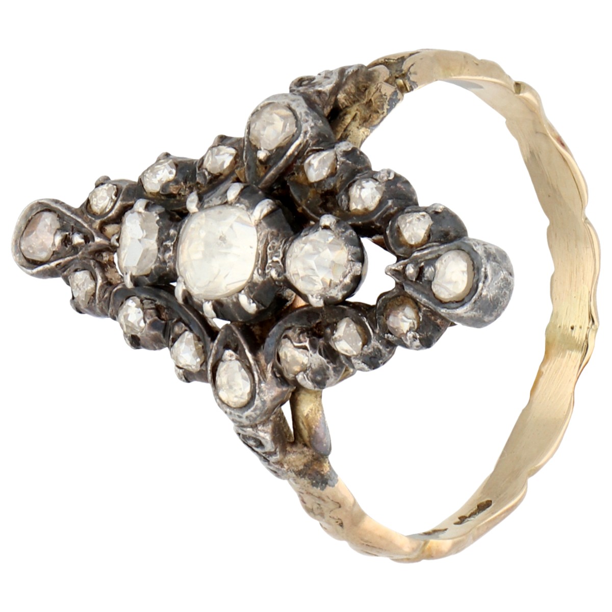 14K Gouden antieke ring met roos geslepen diamant in zilveren zetting
