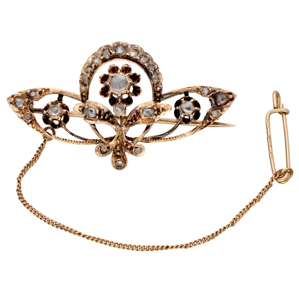 14K geelgouden antieke broche met roos geslepen diamant