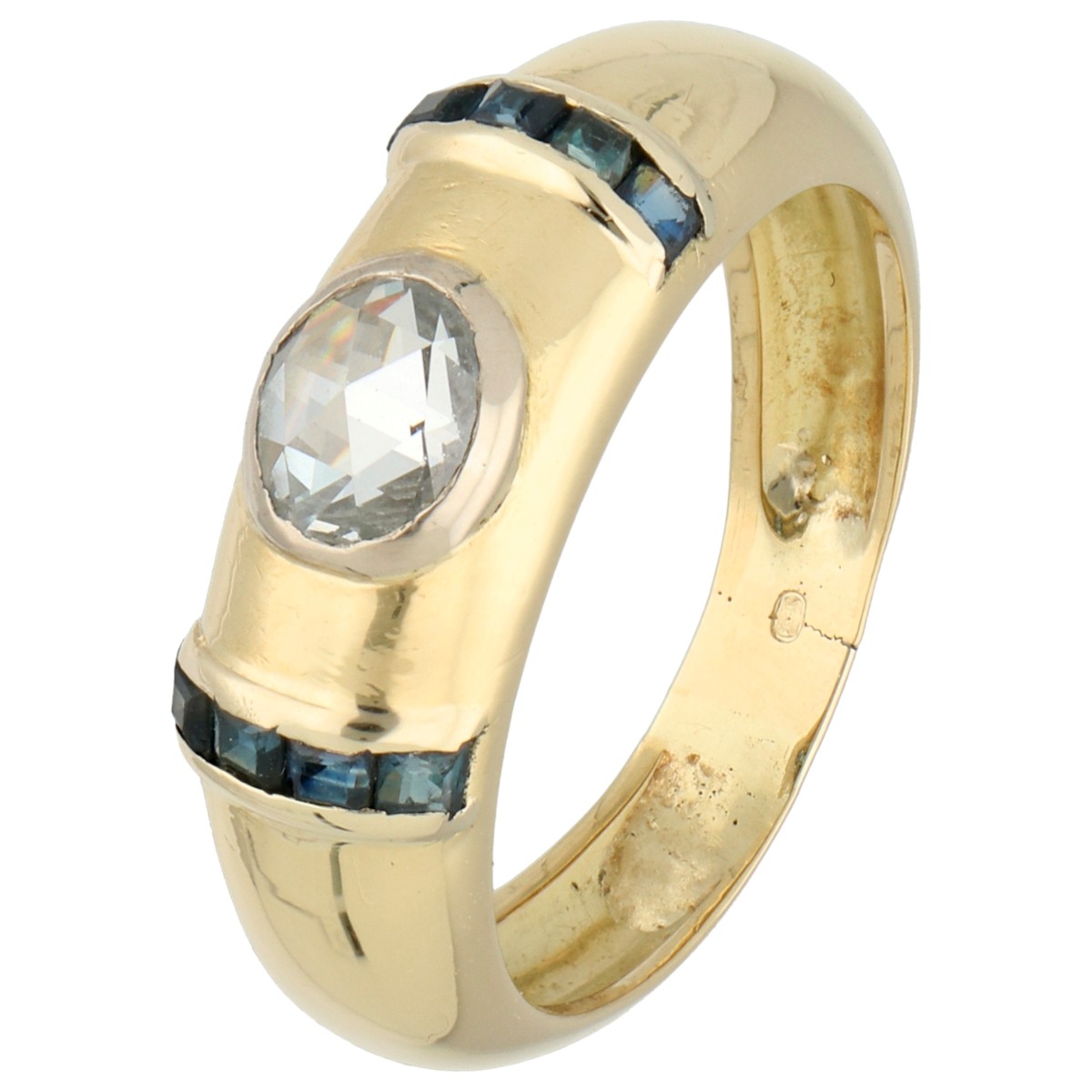 18K geelgouden ring bezet met diamant en saffier