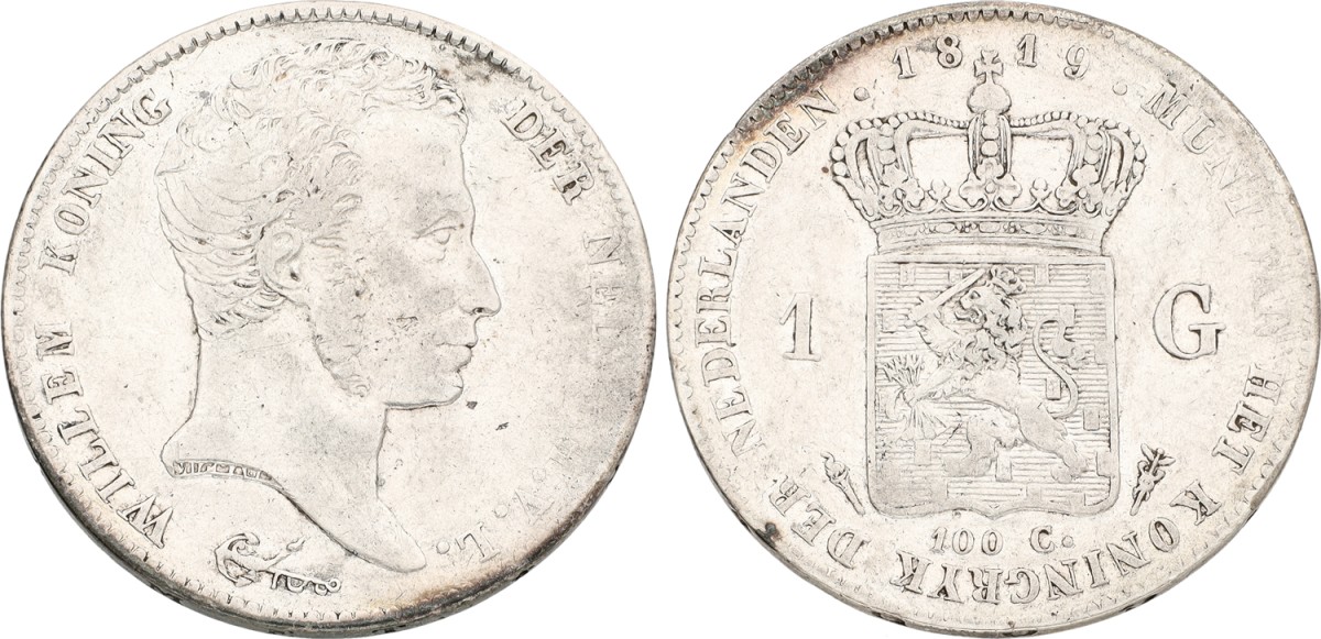 Goudwisselkantoor auction: 1 Gulden. Willem I. 1819. F / VF.
