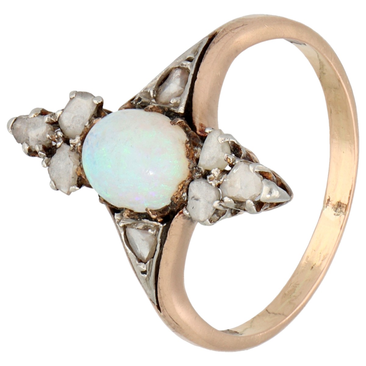 14K roségouden ring bezet met opaal en diamant