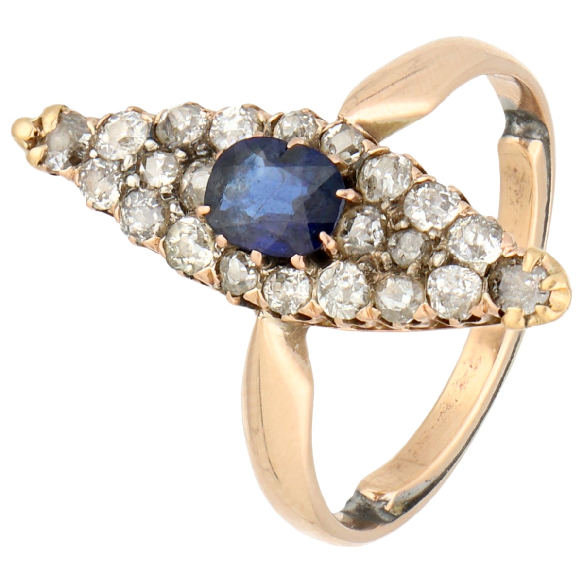 14K roségouden navette ring bezet met ca. 0.46 ct. saffier en diamant