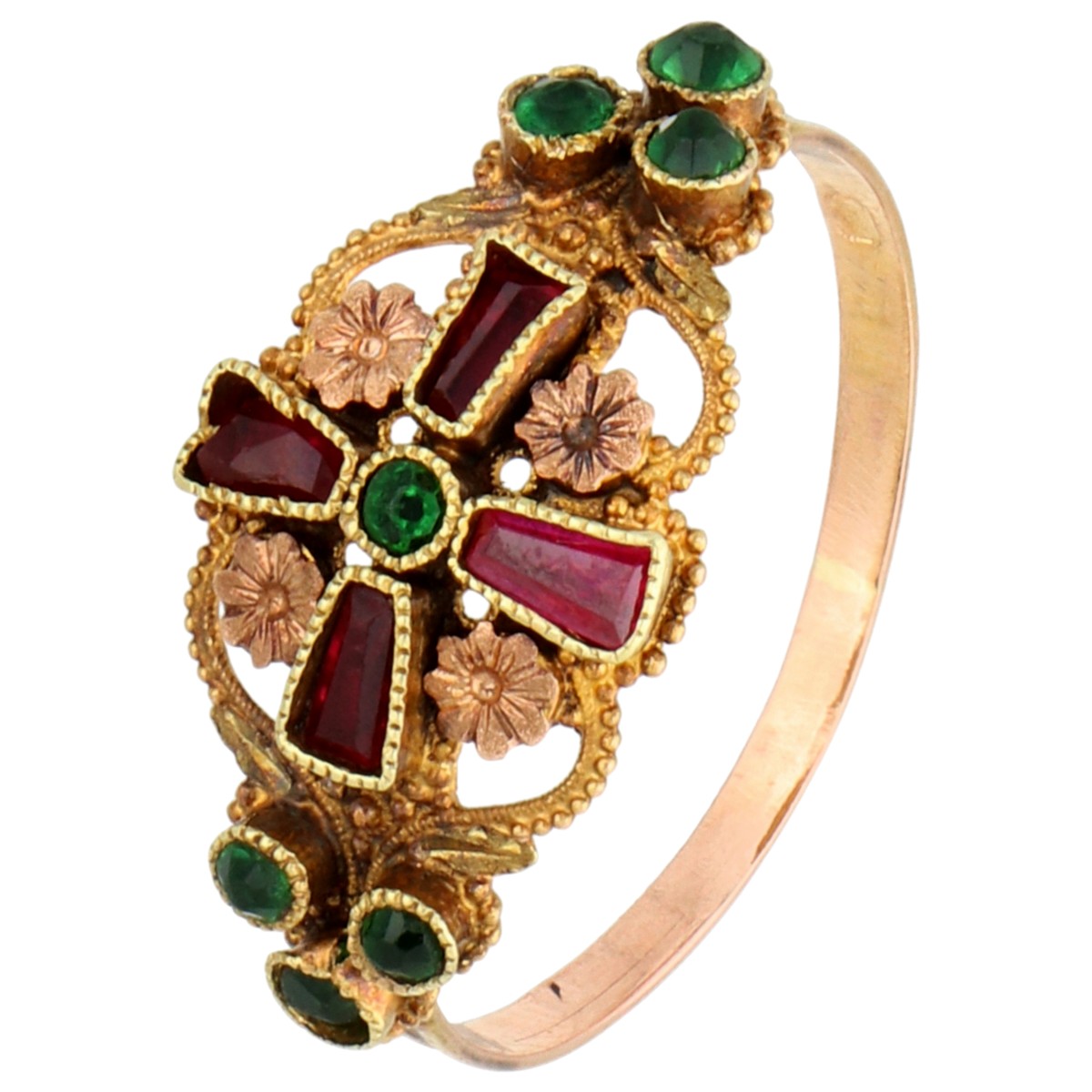 14K bicolor gouden ring bezet met robijn en smaragd