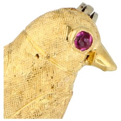 18K geelgouden vogel broche bezet met emaille en robijn