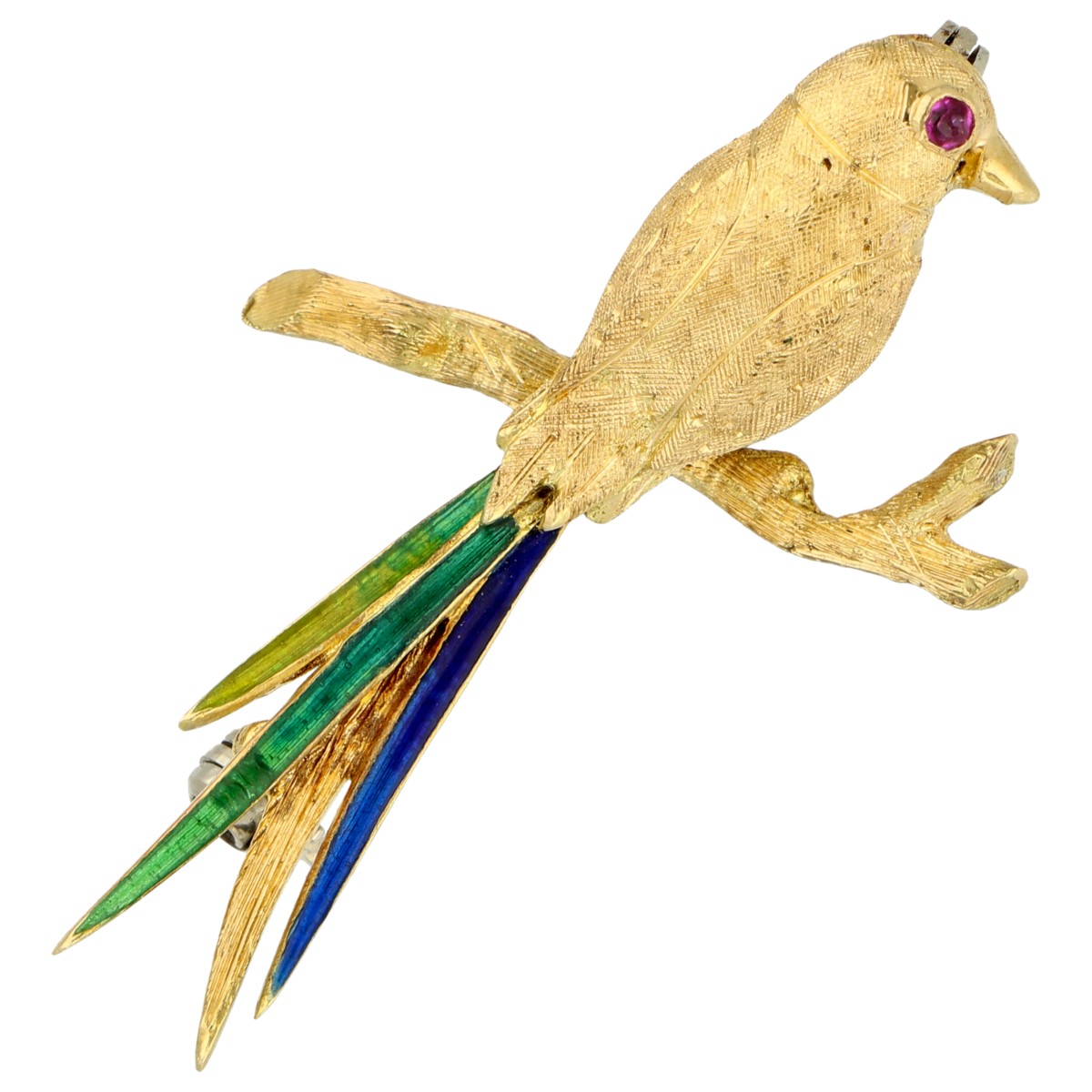 18K geelgouden vogel broche bezet met emaille en robijn