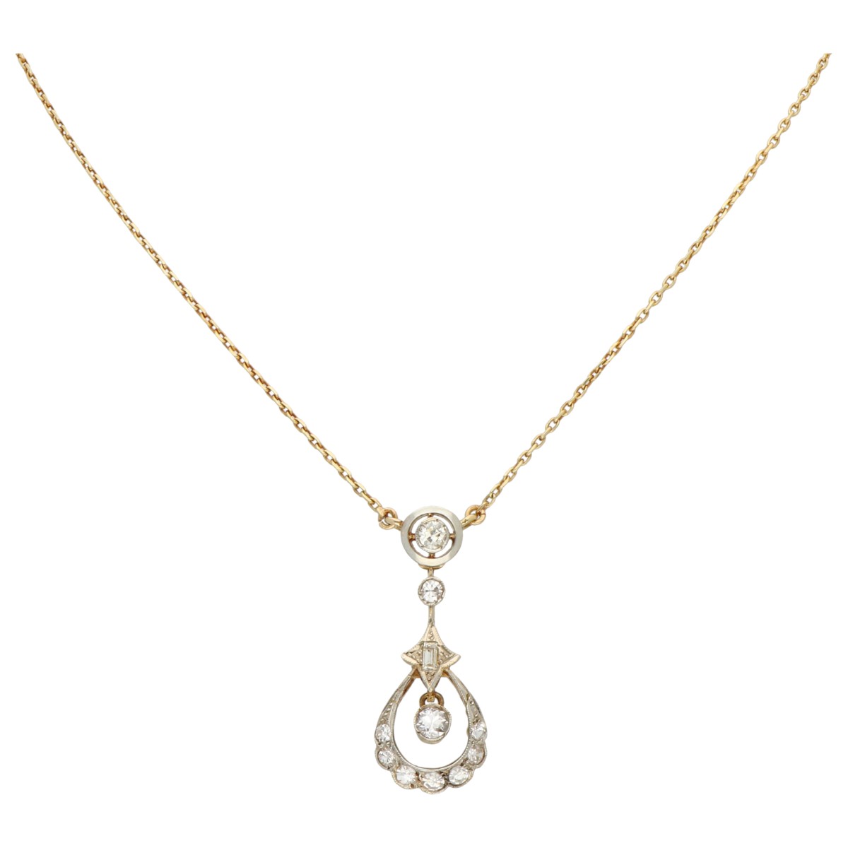 14K geelgouden collier met tussenstuk bezet diamant