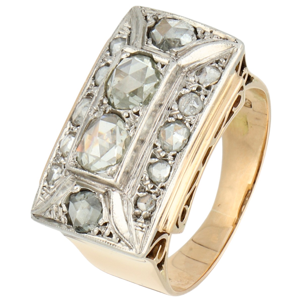 18K gouden/platina tank ring bezet met roos geslepen diamant
