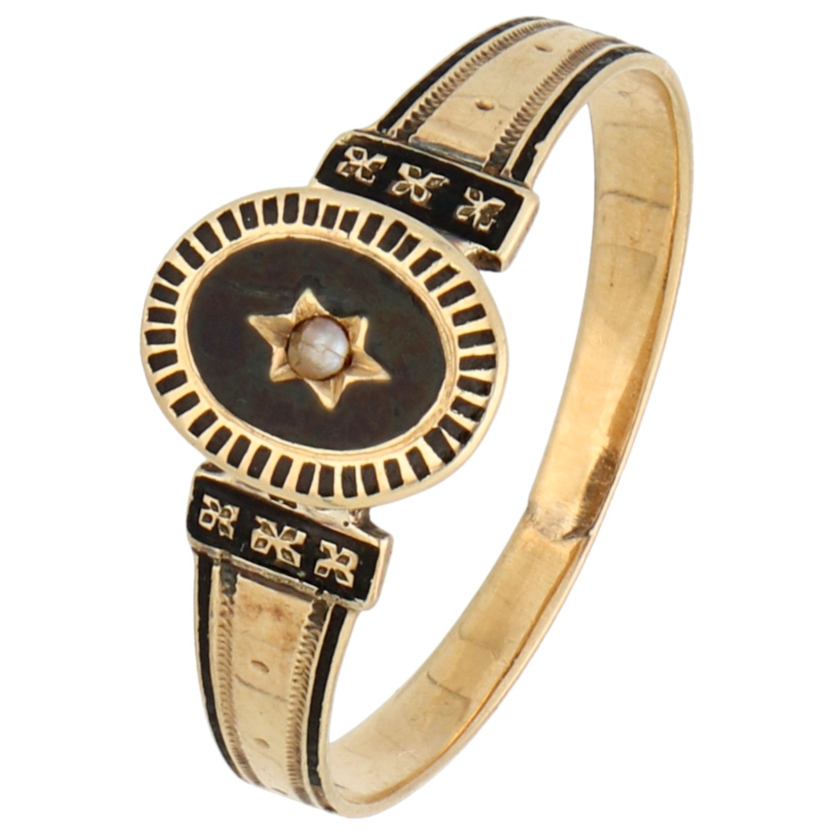 Antieke bwg 9K geelgouden ring bezet met emaille en een parel