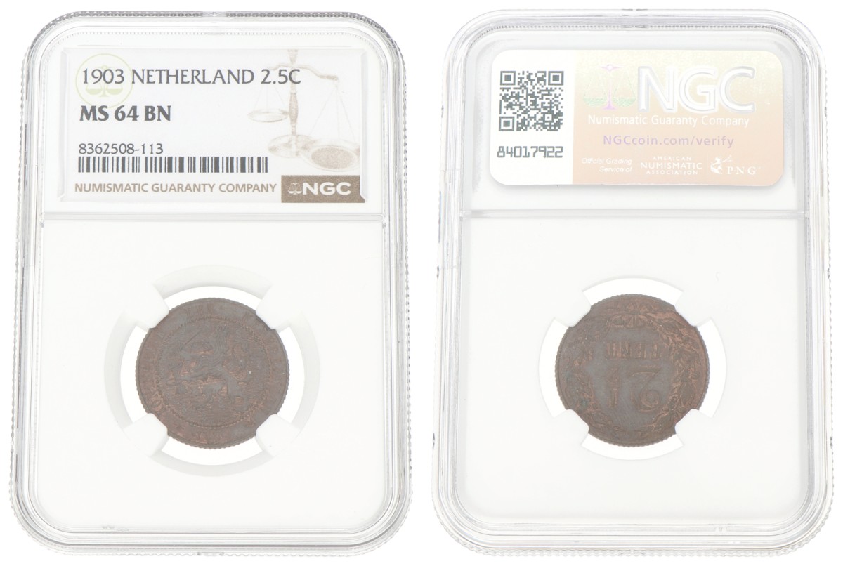 Goudwisselkantoor auction: 2½ Cent. Wilhelmina. 1903. NGC graded. MS 64