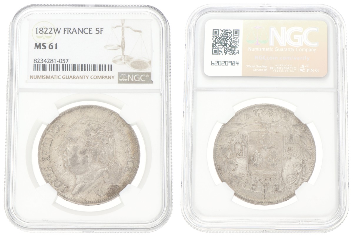 Goudwisselkantoor auction: France. Louis XVIII. 5 Francs. 1822W. NGC graded. MS 61