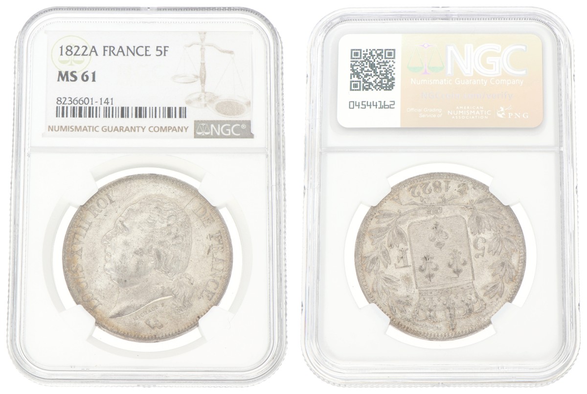 Goudwisselkantoor auction: France. Louis XVIII. 5 Francs. 1822A. NGC graded. MS 61
