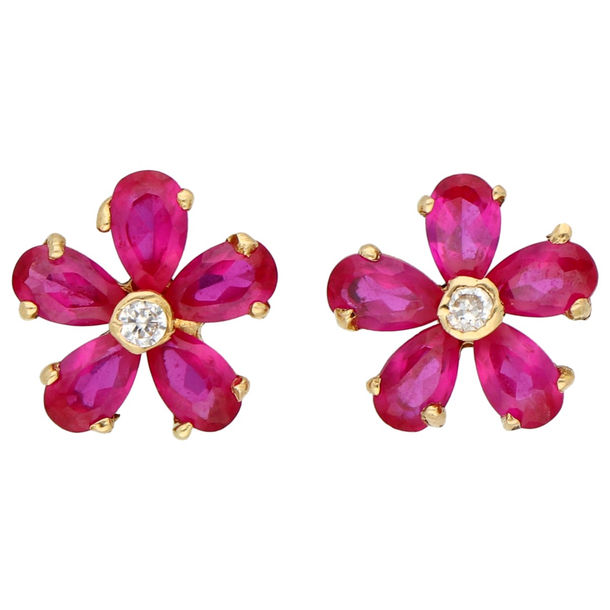 Goudwisselkantoor auction: 18K yellow gold flower stud earrings set with rubies and diamonds