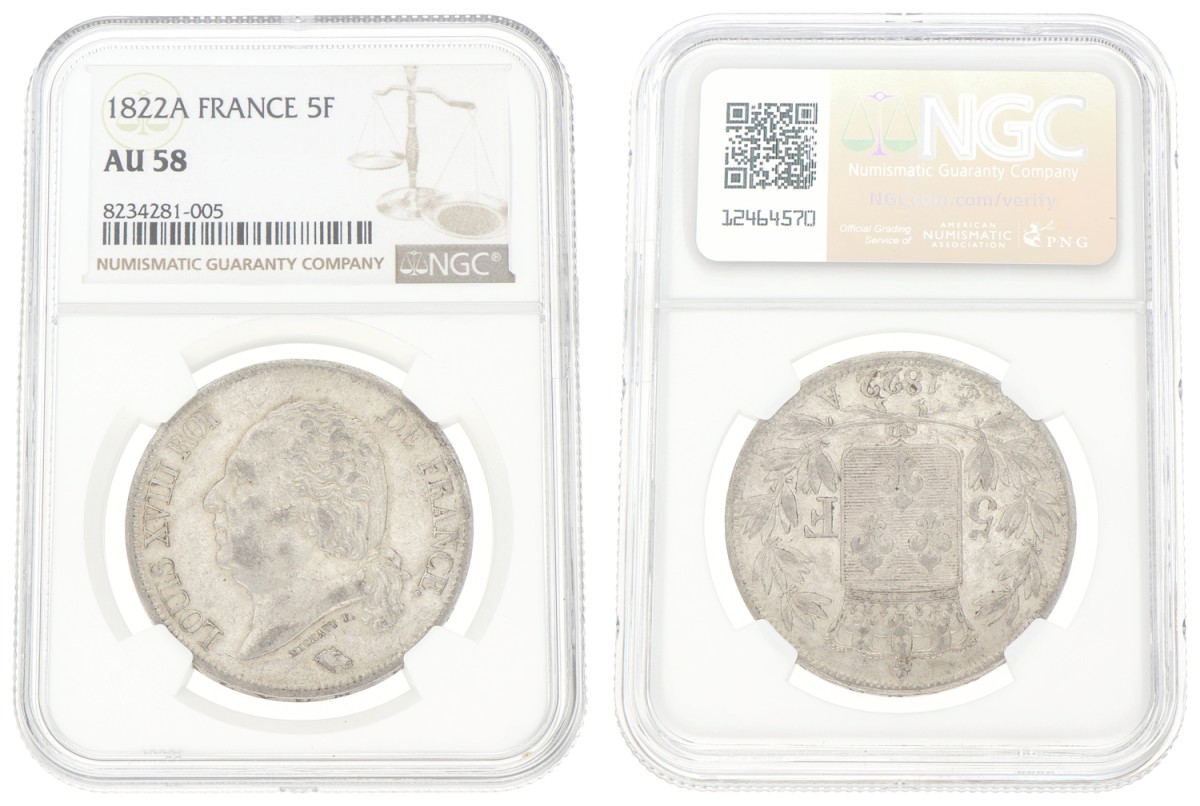 Goudwisselkantoor auction: France. Louis XVIII. 5 Francs. 1822A. NGC graded. AU 58