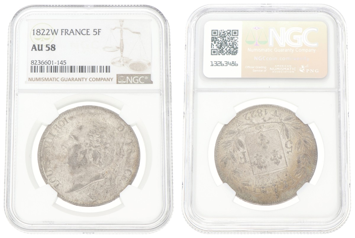Goudwisselkantoor auction: France. Louis XVIII. 5 Francs. 1822W. NGC graded. AU 58