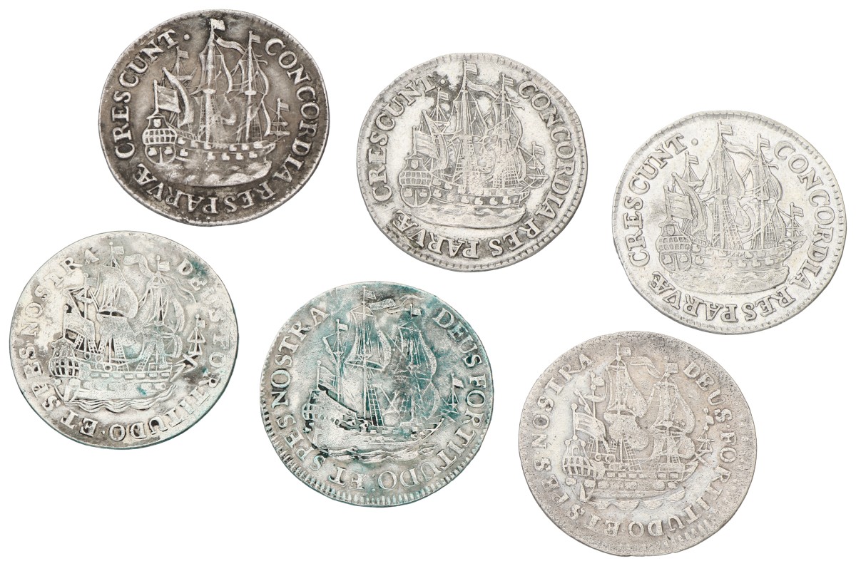 Goudwisselkantoor auction: Lot (6) Scheepjesschelling van 6 stuiver. 1730, 1755, 1759, 1764. Average VF