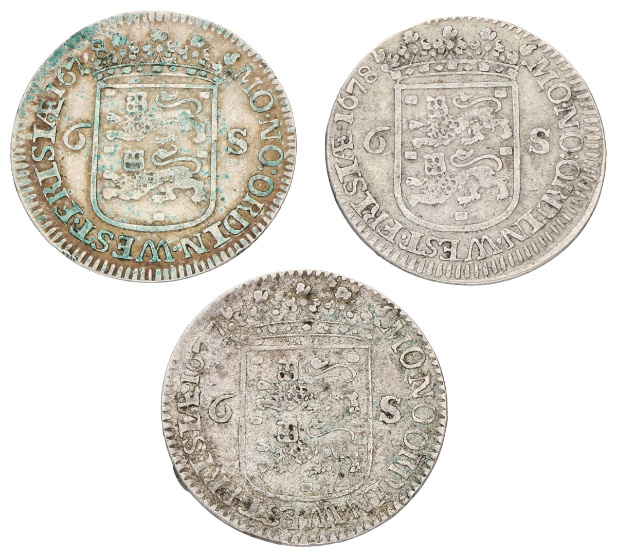 Goudwisselkantoor auction: Lot (3) Scheepjesschelling van 6 stuiver. Enkhuizen. 1677, 1678. Average VF