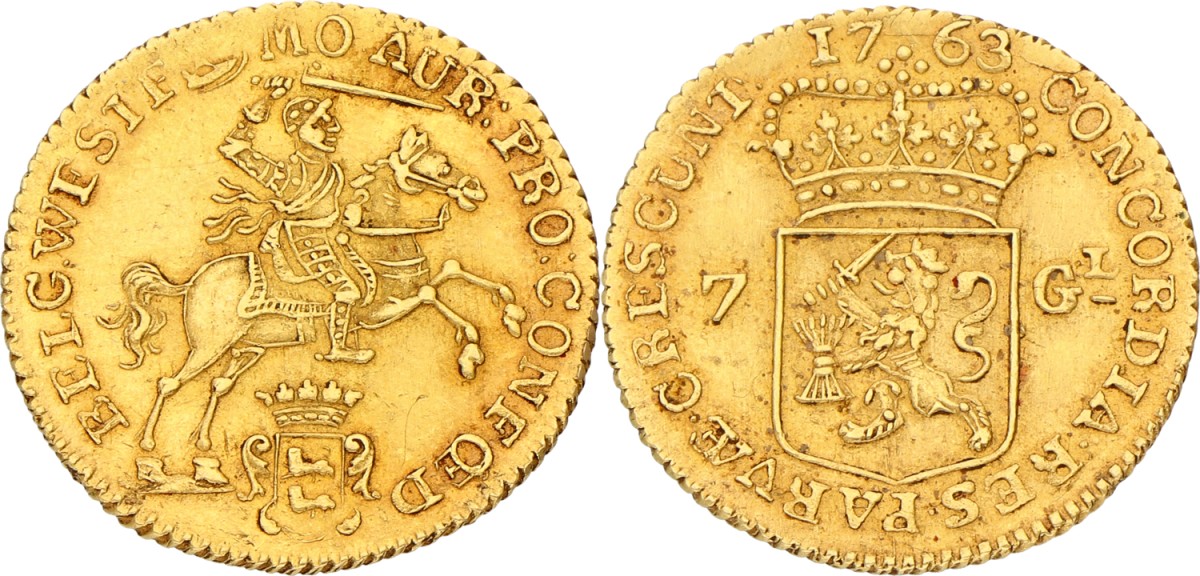 Goudwisselkantoor auction: Halve gouden rijder van 7 gulden. West-Friesland. 1763. VF / XF