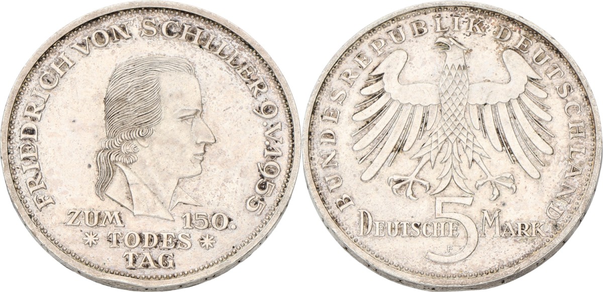 Goudwisselkantoor auction: Germany. BRD. 5 Mark - Friedrich von Schiller. 1955 F. XF