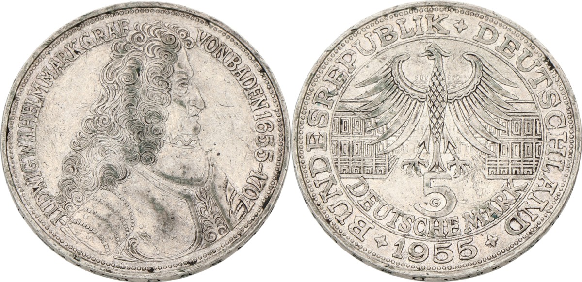 Goudwisselkantoor auction: Germany. BRD. 5 Mark - Markgraf von Baden. 1955 G. XF -