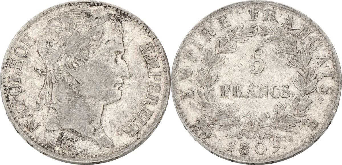 Goudwisselkantoor auction: France. Napoleon. 5 Francs. 1809 B. VF +