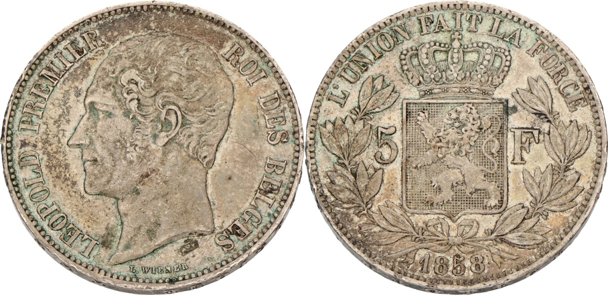 Goudwisselkantoor auction: Belgium. Leopold I. 5 Francs. 1858. VF +