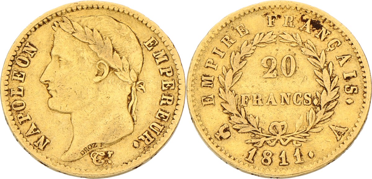 Goudwisselkantoor auction: France. Napoleon I. 20 Francs. 1811 A. VF -