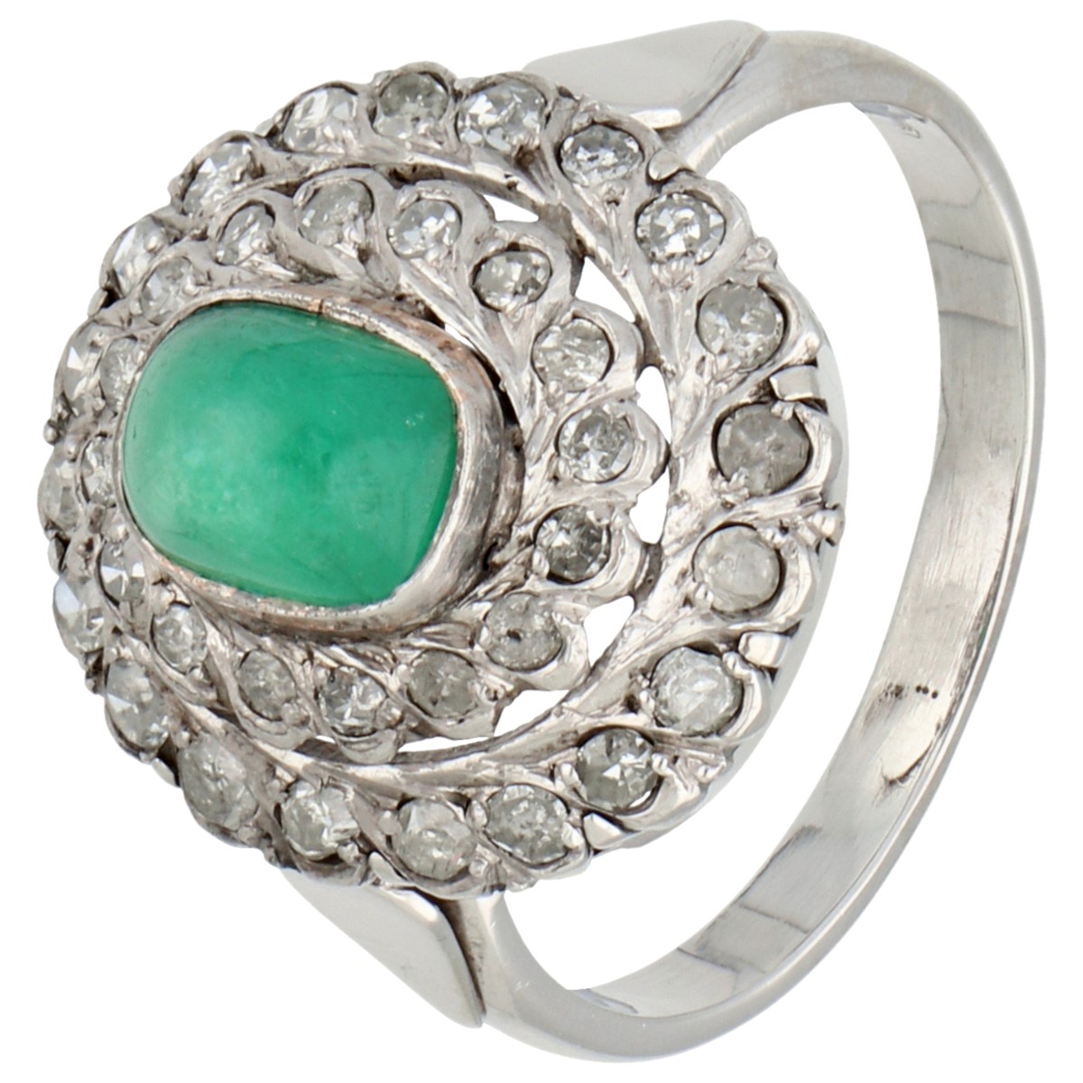 14K witgouden entourage ring diamant en smaragd