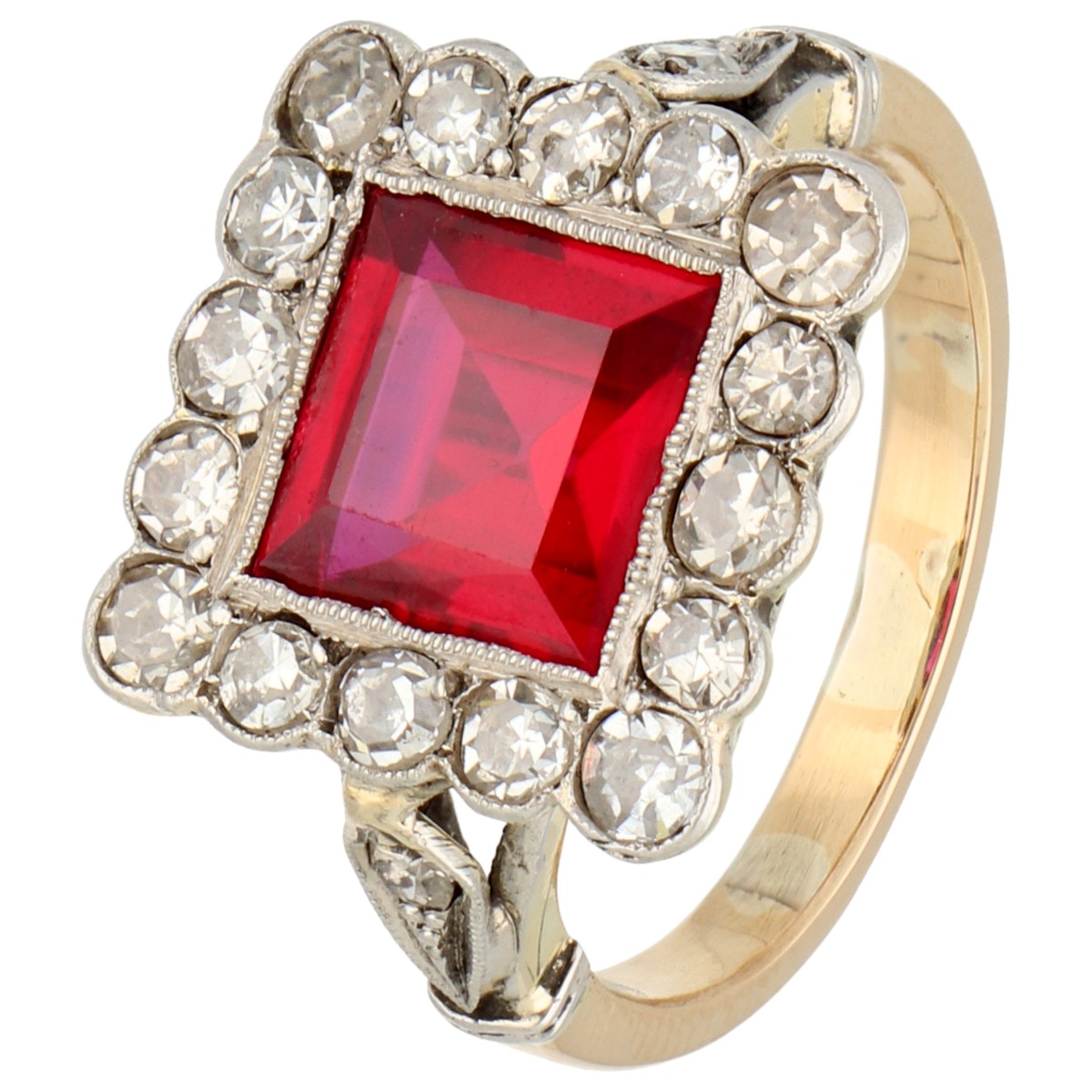 14K gouden/platina ring bezet met ca. 0.91 ct. diamant en robijn