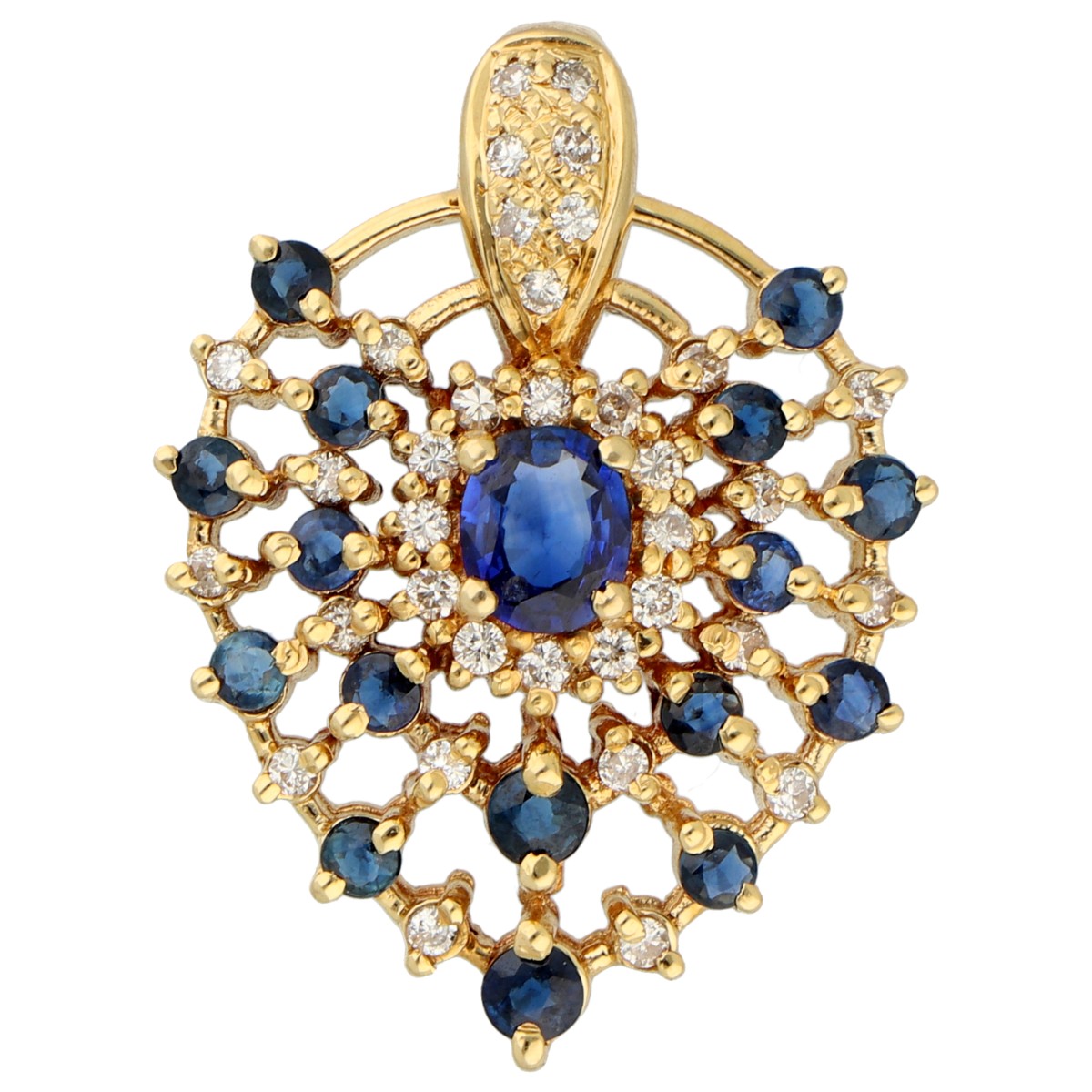 18K geelgouden hanger bezet met ca. 0.17 ct. diamant en saffier
