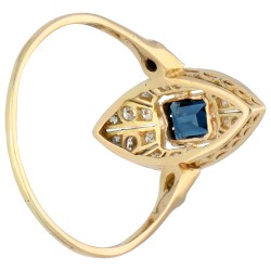 14K geelgouden navette ring met saffier en diamant