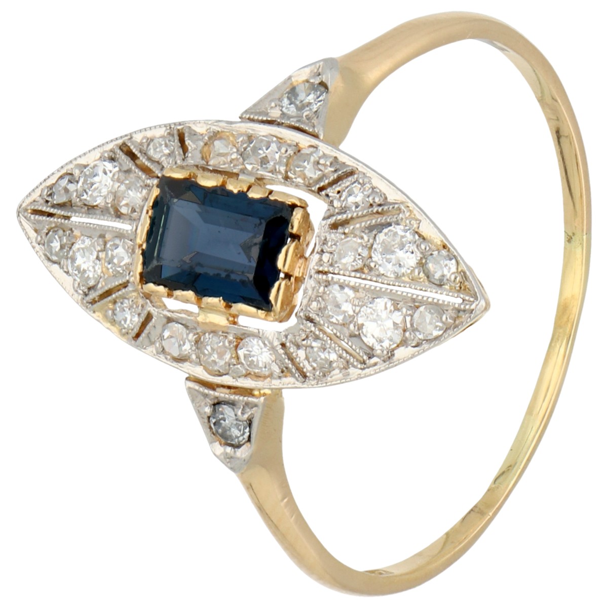 14K geelgouden navette ring met saffier en diamant