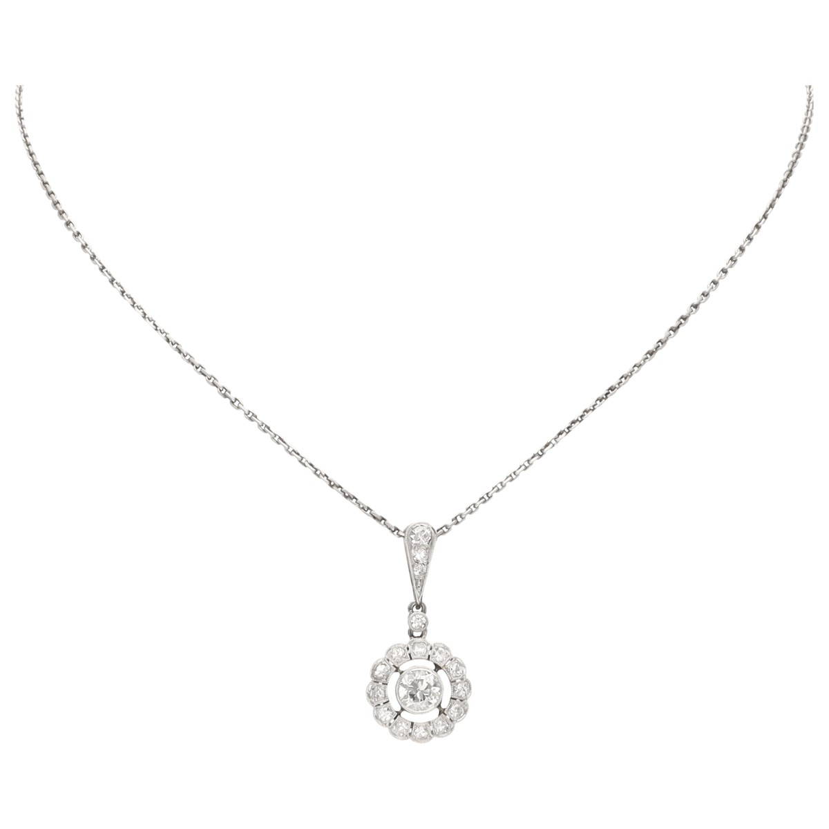 Gouden/platina collier met hanger bezet met ca. 0.83 ct. diamant